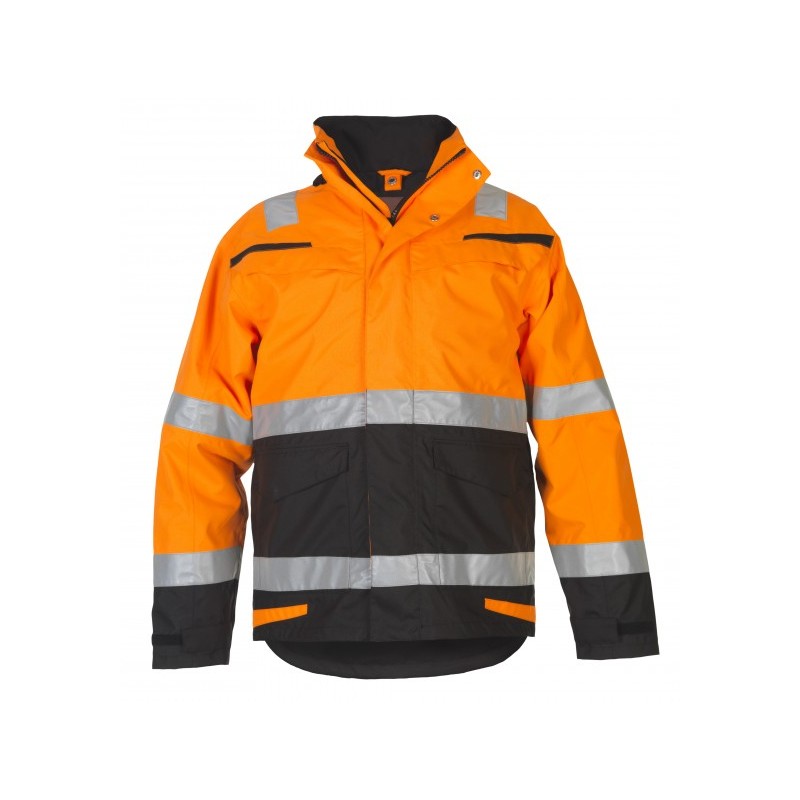 Parka multirisque et haute visibilité avec capuche amovible P2L - MARCH Orange fluo/marine. Vu de face