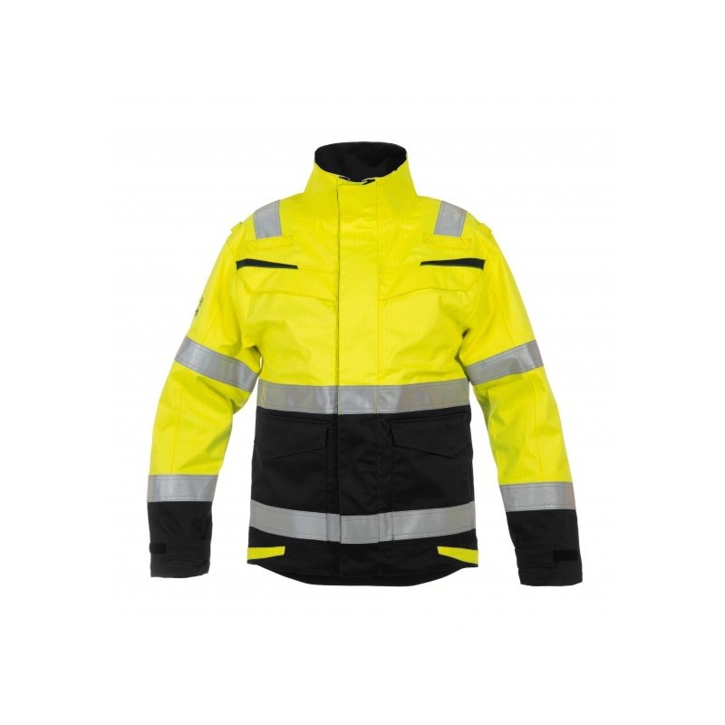 Parka multirisque et haute visibilité avec capuche amovible P2L - MATRE Jaune fluo/noir. Vu de face