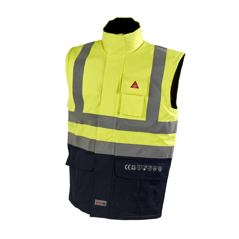 Bodywarmer sans manches haute visibilité P2L - VERONA Jaune fluo/marine. Vu de face