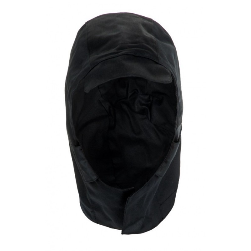 Capuche imperméable, anti feu et antistatique Noir. Vu de face