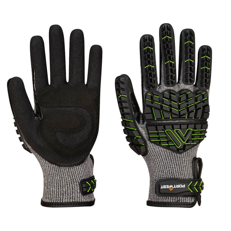 Gants anti-impact en mousse nitrile PORTWEST A755 Noir/vert. Vu paume et dos de la main