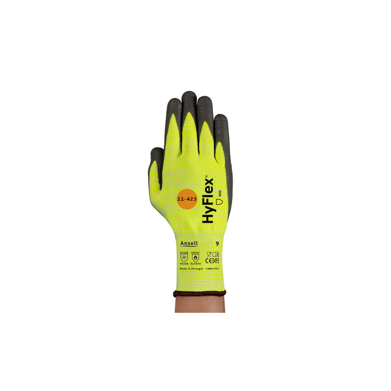 Gants industriels résistant à la chaleur jusqu'à 100°C ANSELL - 11-423 Jaune/gris. Vu dos de la main