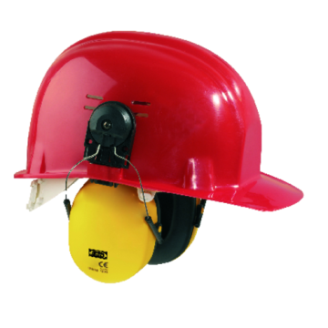 Coques anti-bruit + Adaptateur casque de chantier COVERGUARD MO60750 Jaune. Vu de côté