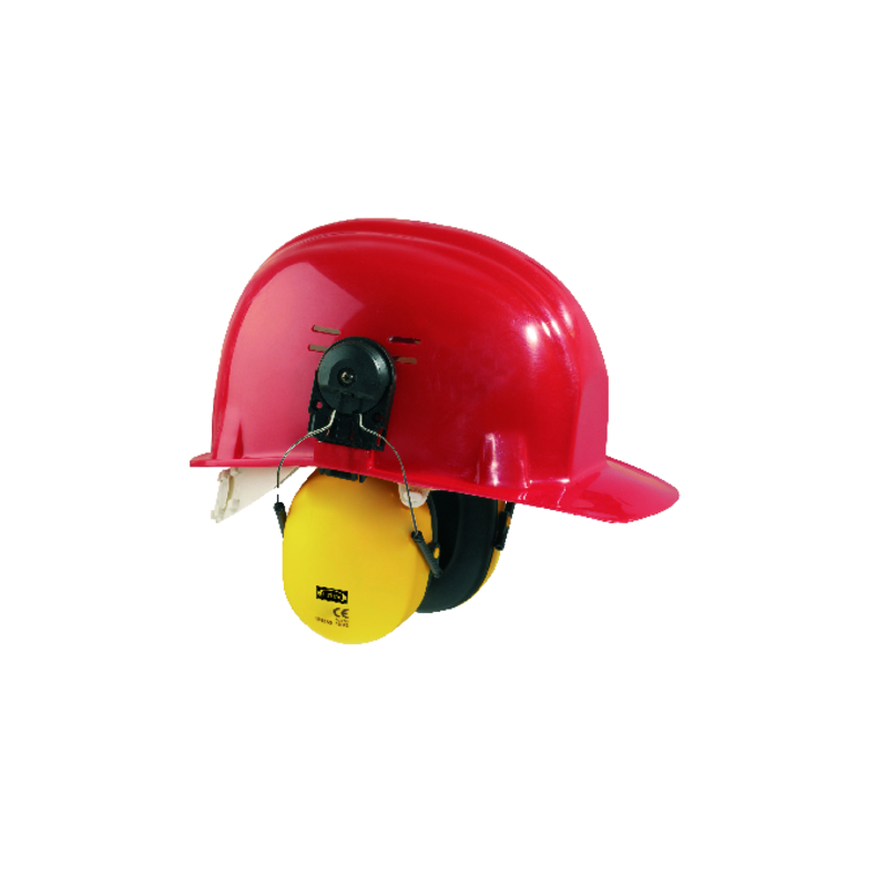 Coques anti-bruit + Adaptateur casque de chantier COVERGUARD MO60750 Jaune. Vu de côté