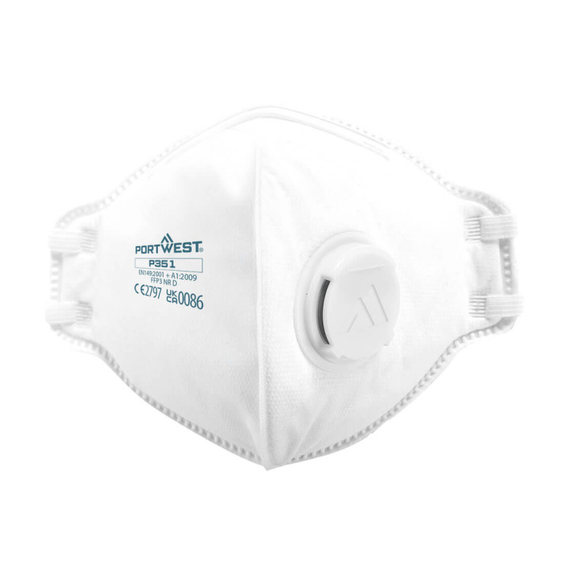 Masque de protection FFP3 pliable PORTWEST P351 Blanc. Vu de face