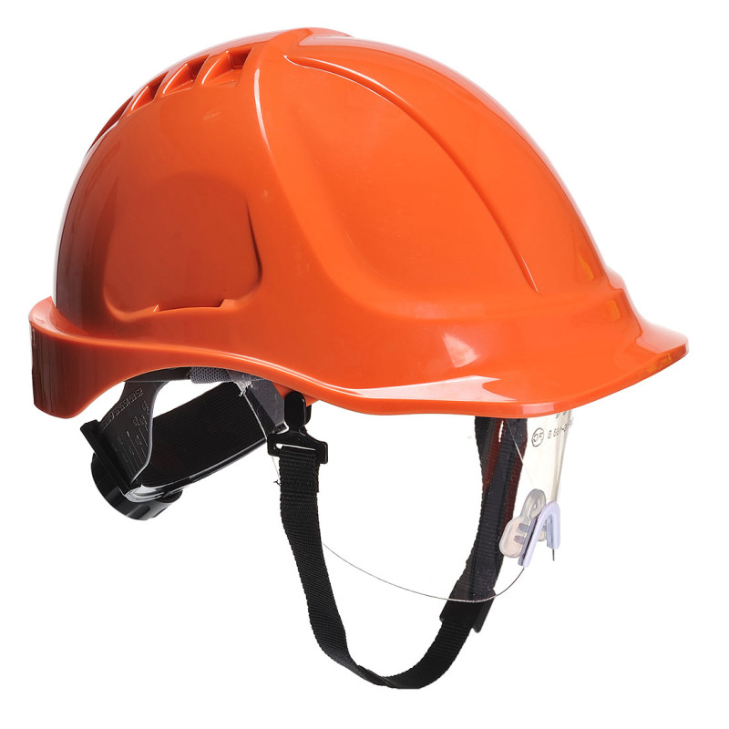 Casque de sécurité non ventilée avec visière de protection PORTWEST PW54 Orange. Vu de profil
