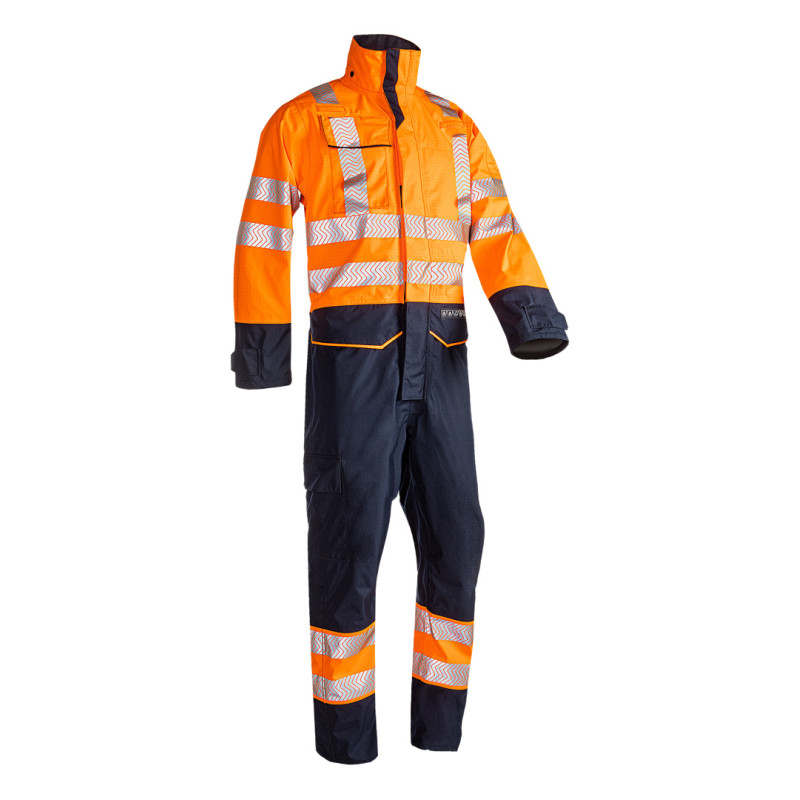 Combinaison haute visibilité, atex et imperméable SIOEN - AKSDAL Orange fluo/marine. Vu de face