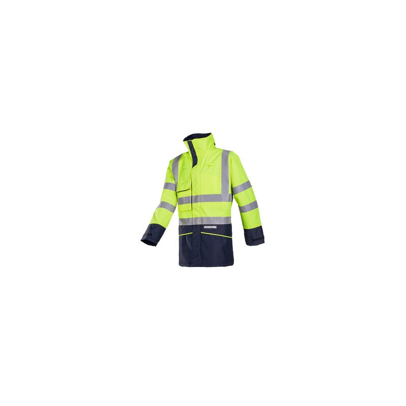 Parka  haute visibilité, ignifuge et antistatique, imperméable SIOEN HEDLAND Jaune fluo/marine. Vu de face