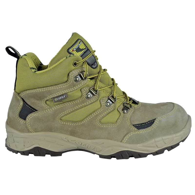 Chaussures de sécurité Hautes de marque COFRA modèle "CREVASSE" normé S1 P SRC vu de coté coloris gris beige vert, vue de profil