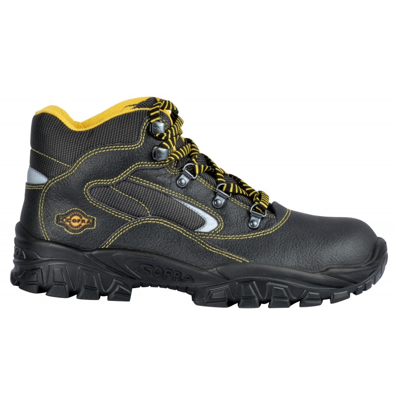 Chaussures de sécurité Hautes de marque COFRA "EUFRATE" en cuir coloris noir finition jaune hydrofuge normé S3 SRC vu de profil