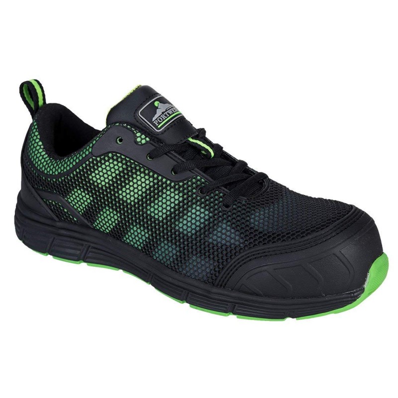 Basket de travail légère non métallique, S1P SRC, Portwest FT35 Noir/Vert. Vu de profil