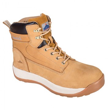 Chaussure de sécurité haute en cuir nubuck étanche, S3 HRO, Portwest FW32 Miel. Vu de profil