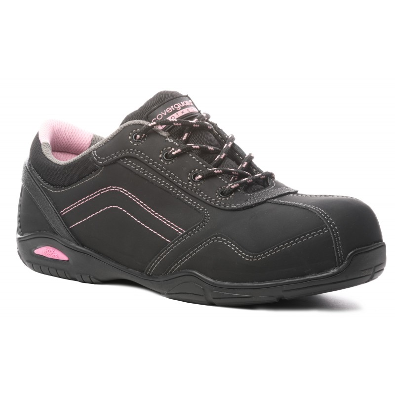 Chaussure de sécurité femme S3 SRA HRO Coverguard RUBIS Noir/rose. Vu de profil