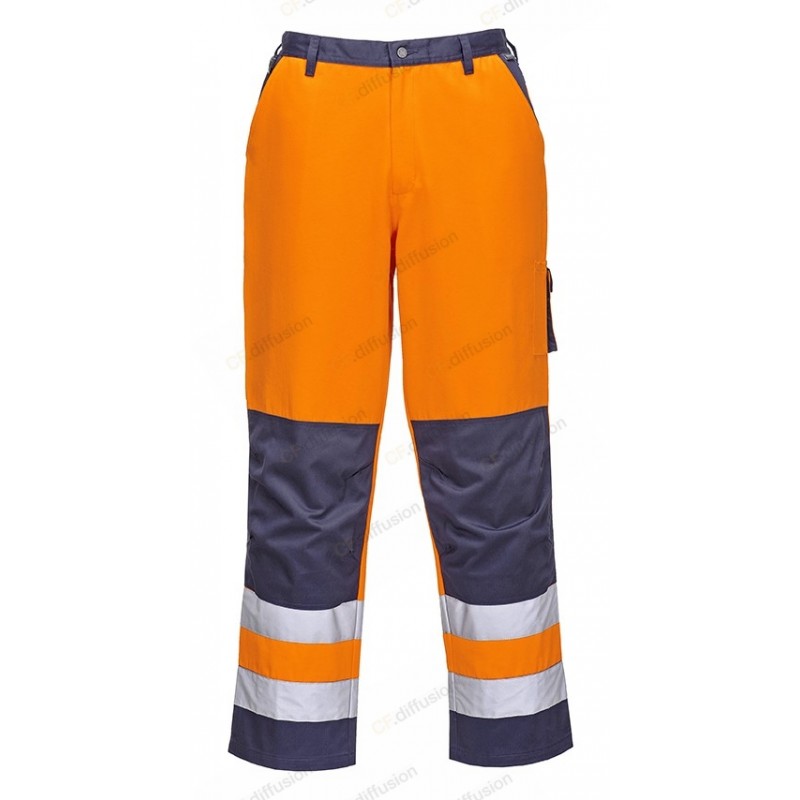 Pantalon Haute visibilité Portwest TX51 Orange fluo / Marine. Vu de face